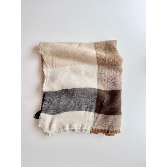 ZARA Cream Tan Beige Grey Colorblock Acrylic Knit Large Rectangle Blanket Scarf - Picture 2 of 11